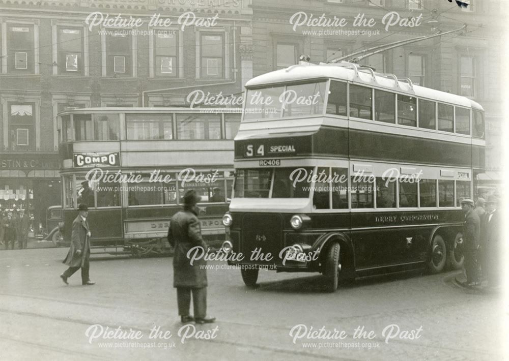 Derby Corporation trolley bus on test and electric tram