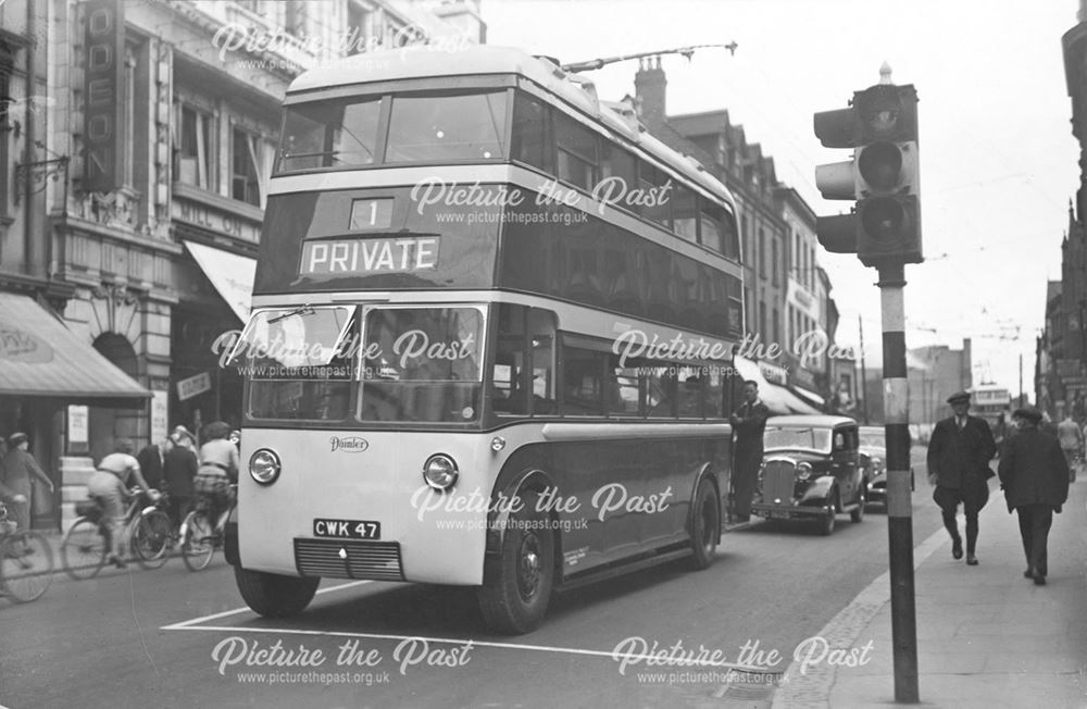 Daimler Trolleybus Demonstrator, St. Peter's Street, Derby, 1937