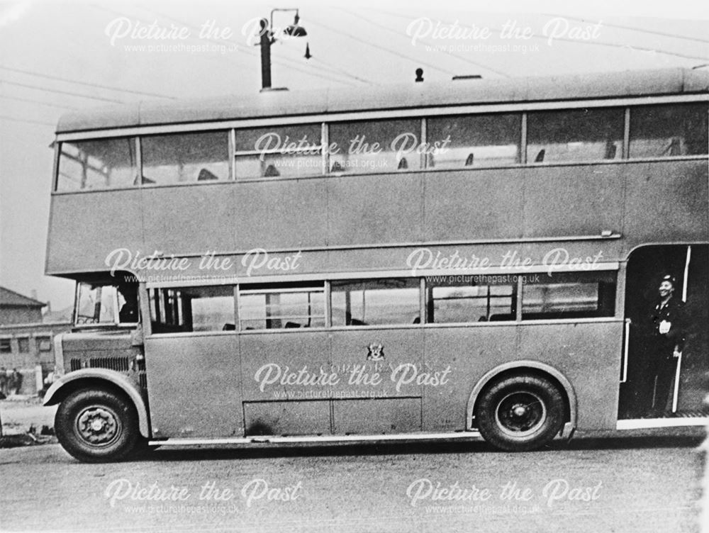 Derby Corporation's Bristol K5G no 74 motor bus, painted in wartime grey.
