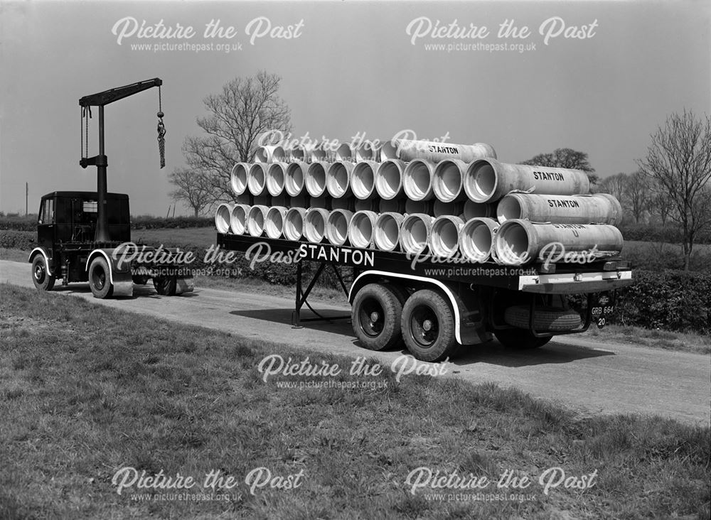 Matador Lorry carrying concrete pipes, Stanton Works