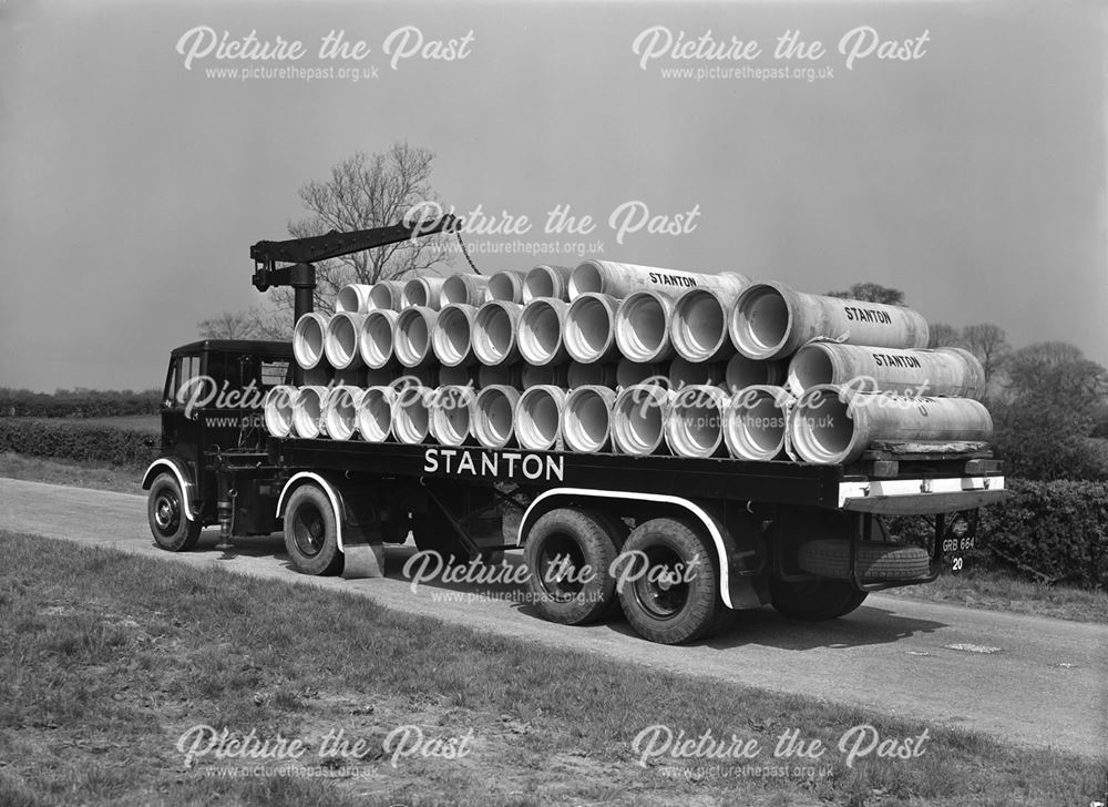 Matador Lorry carrying concrete pipes, Stanton Works