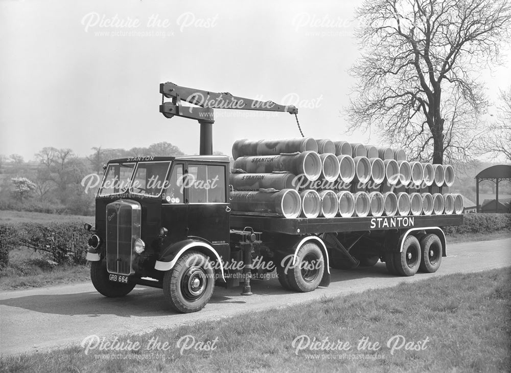 Matador Lorry carrying concrete pipes, Stanton Works