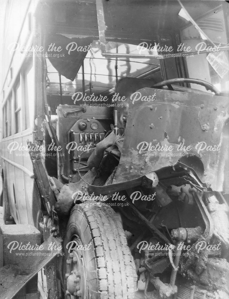 Collision damage to a Derby Corporation motor bus No. 53, 1948