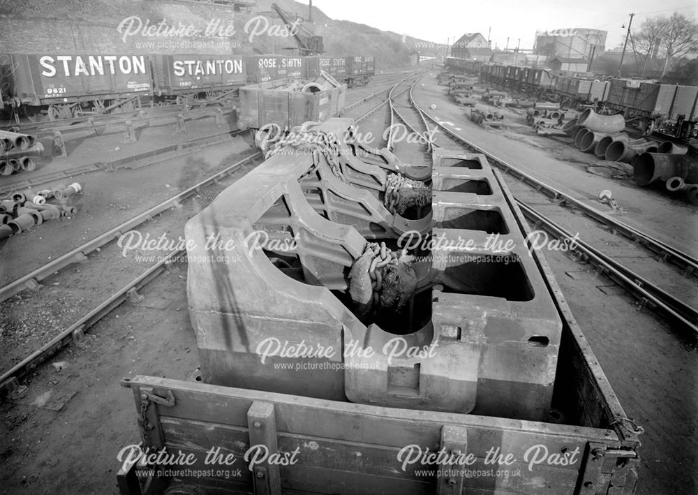 Gas engine bed loaded on a railway wagon