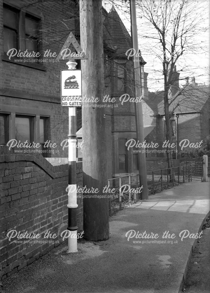 Ungated level crossing warning sign at Digby Crossing, Giltbrook, 1933