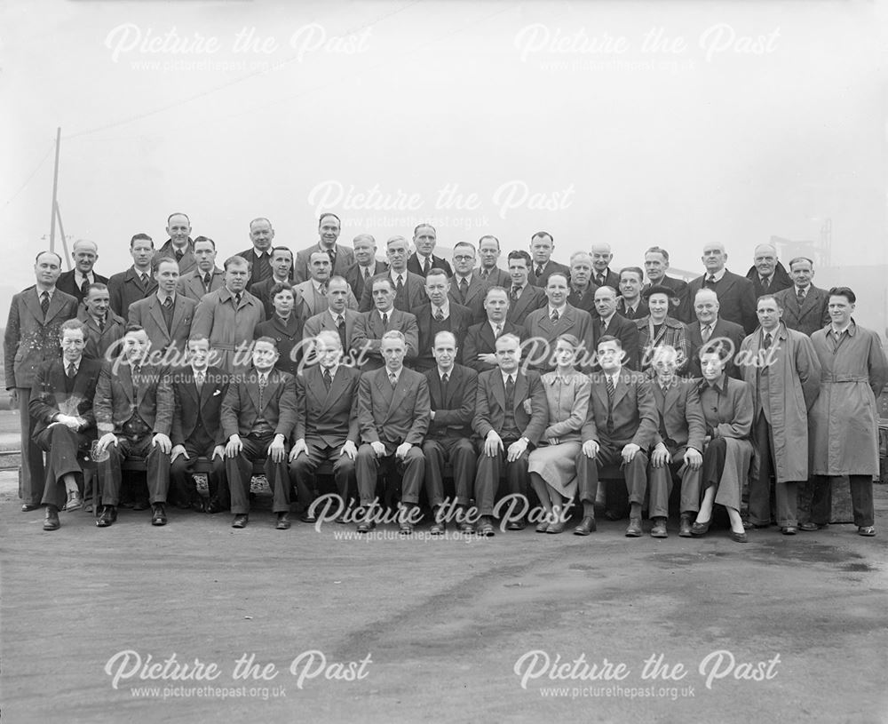 Unidentified group of staff or visitors, Stanton Works, 1950s?