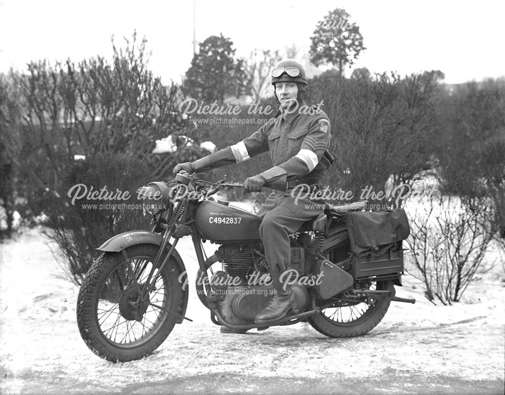 Serjeant J A Andrews, Stanton Home Guard, on motorcycle, 1945