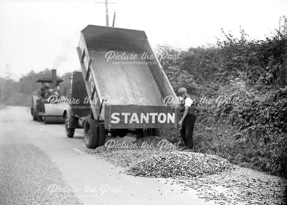 Delivering tarred blast furnace slag for road repairs, 1945