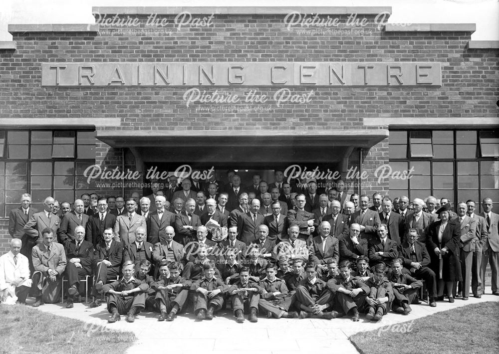 Officials, visitors and apprentices at the opening of the new Training Centre, Stanton Works, 1947