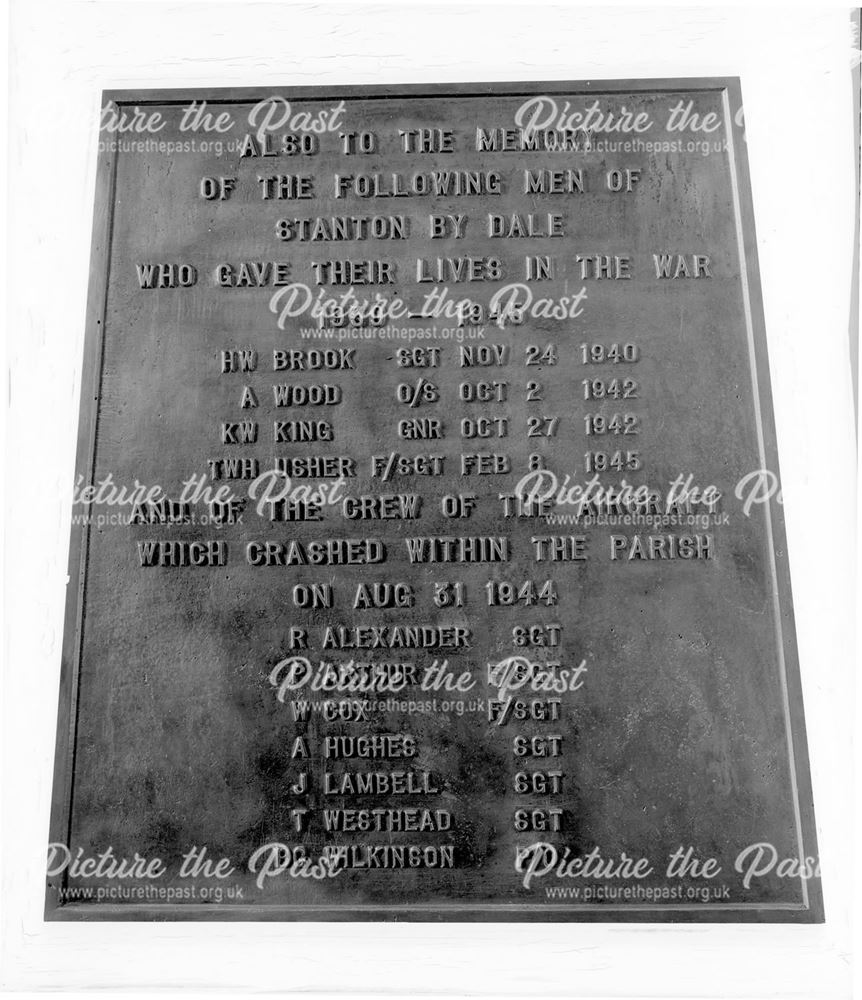 World War II commemorative panel on war memorial in St. Michael's churchyard, Stanton-by-Dale, c 194