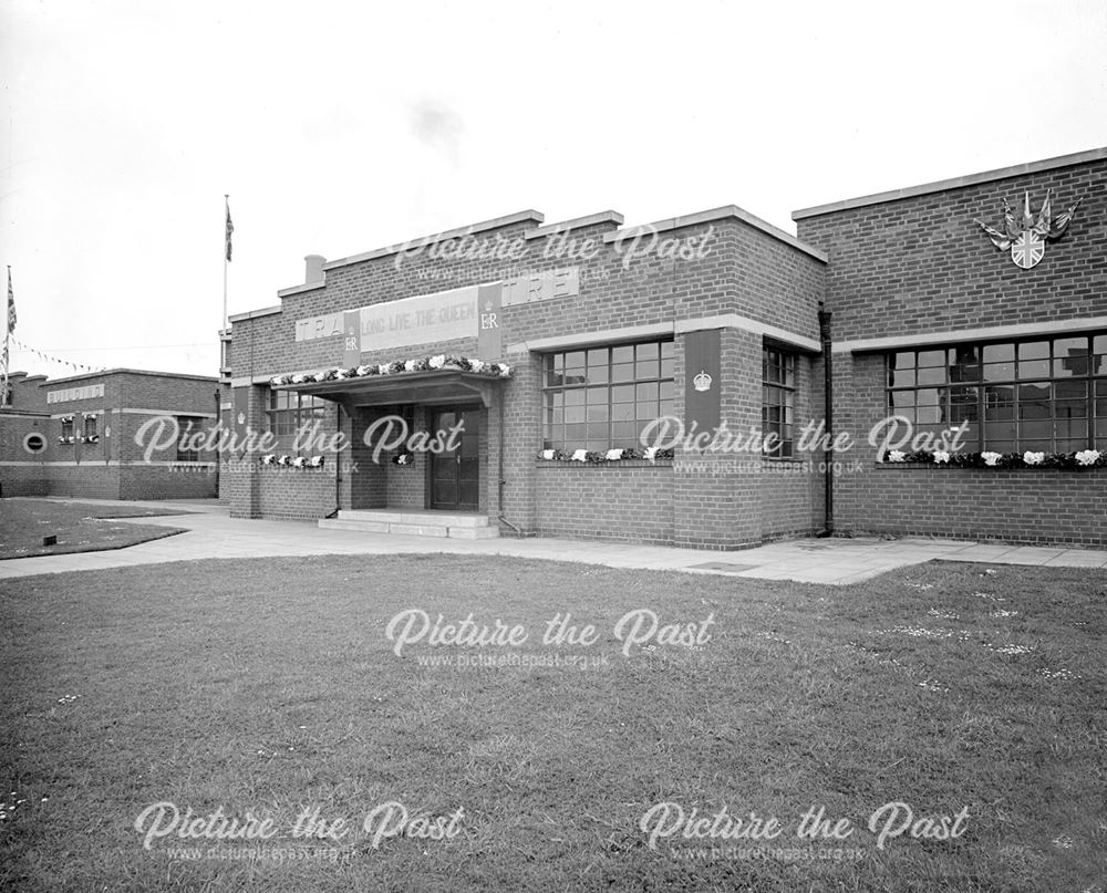 Appears to be Stanton Works Training Centre, Lows Lane, Stanton. Decked out for Coronation of Elizab