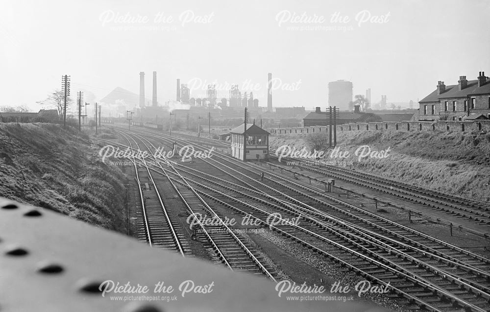 Looking south from Ilkeston Road overbridge towards Stanton Works, Trowell, c 1950.