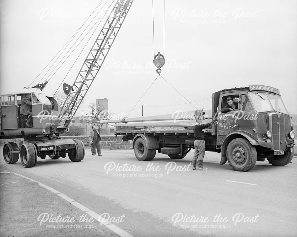 Jones KL 66 crane unloading A Maudsley Lorry Stanton Works, Lows Lane, Stanton, c 1960s