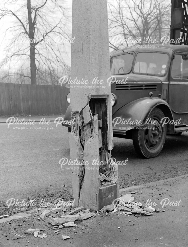 Damage caused to a Concrete Lamppost by Collision involving a Derby City Bus, Derby?, c 1950s