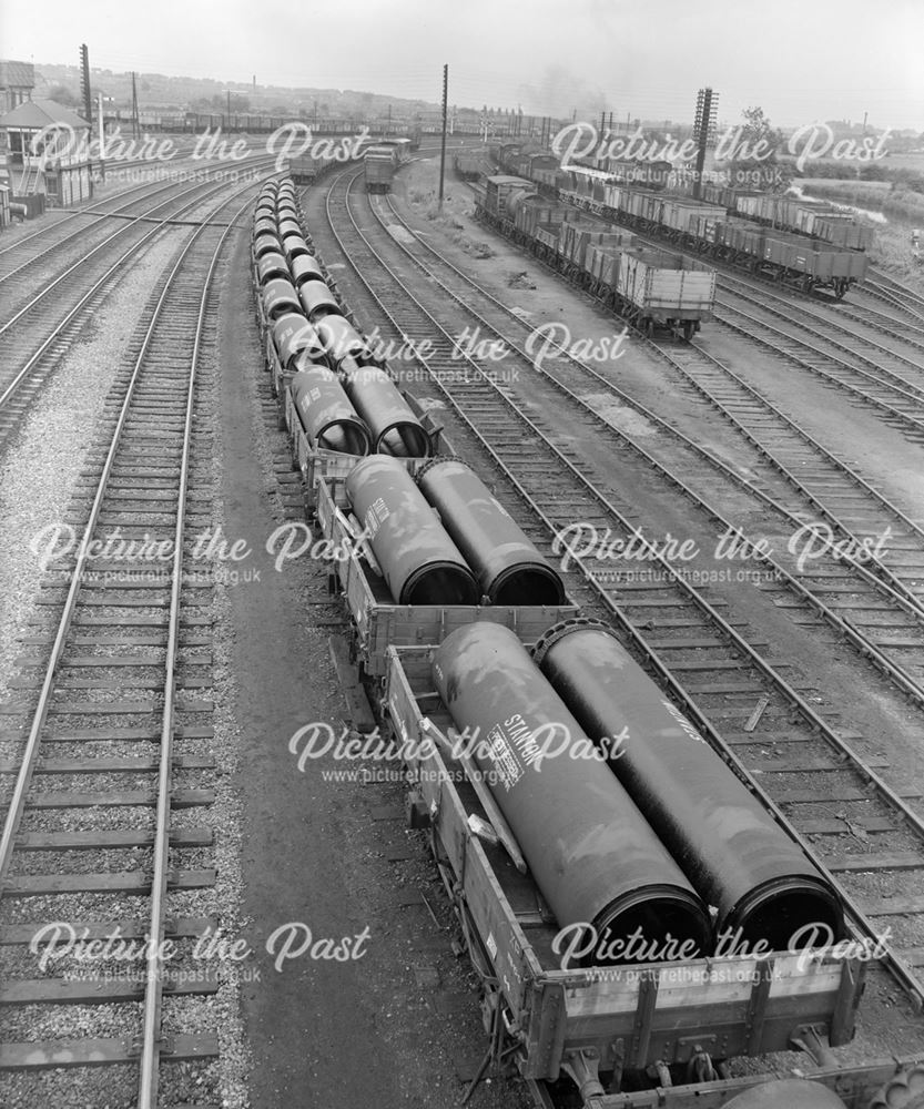 Train load of Stanton Pipes in Stanton Gate Sidings, looking South, Stanton by Dale, 1950s ?