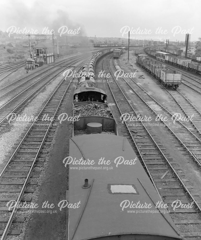 Train load of Stanton Pipes in Stanton Gate Sidings, Stanton by Dale, 1950s ?