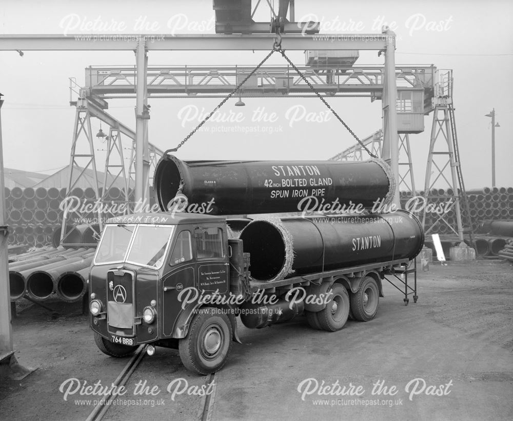 Atkinson Silver Knight Lorry Being Loaded with 78andquot; bore pipes, Stanton Works, c 1955