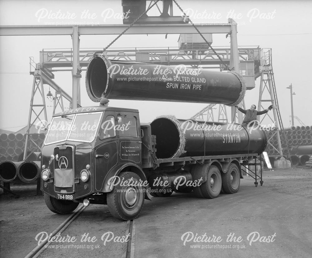 Atkinson Silver Knight Lorry Being Loaded with 78andquot; bore pipes, Stanton Works, c 1955