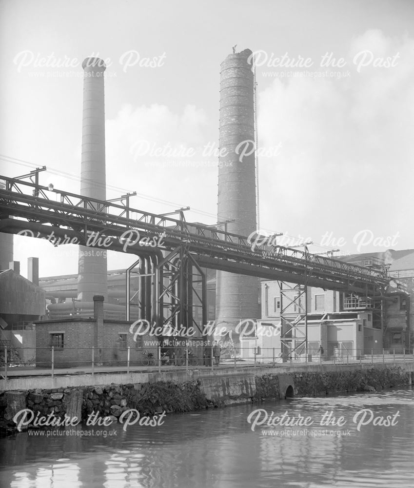 Demolishing chimney at New Works furnaces - Erewash Canal in foreground