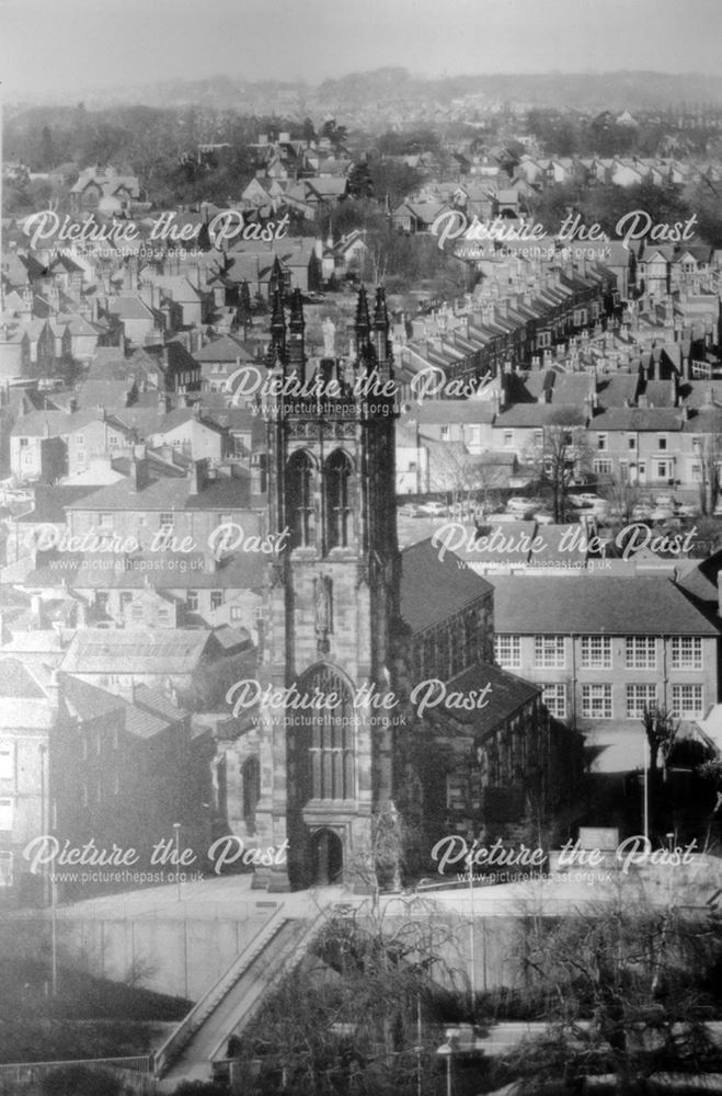 Aerial view of St Mary's Church (RC) and surrounding streets, Derby, c 1970s-80s