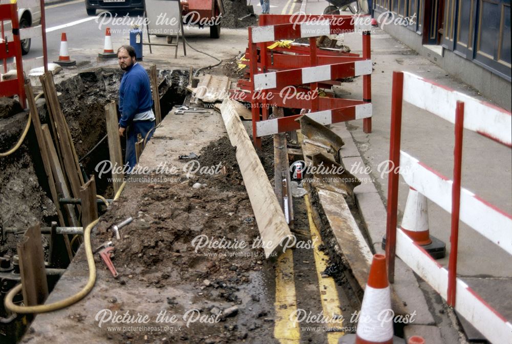 Roadworks excavation revealing old tramlines, Curzon Street