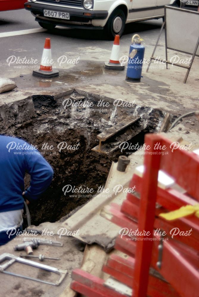 Roadworks excavation revealing old tramlines, Curzon Street