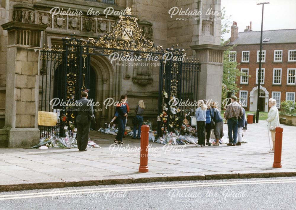 Floral tributes at Derby Cathedral Gates for Diana, Princess of Wales