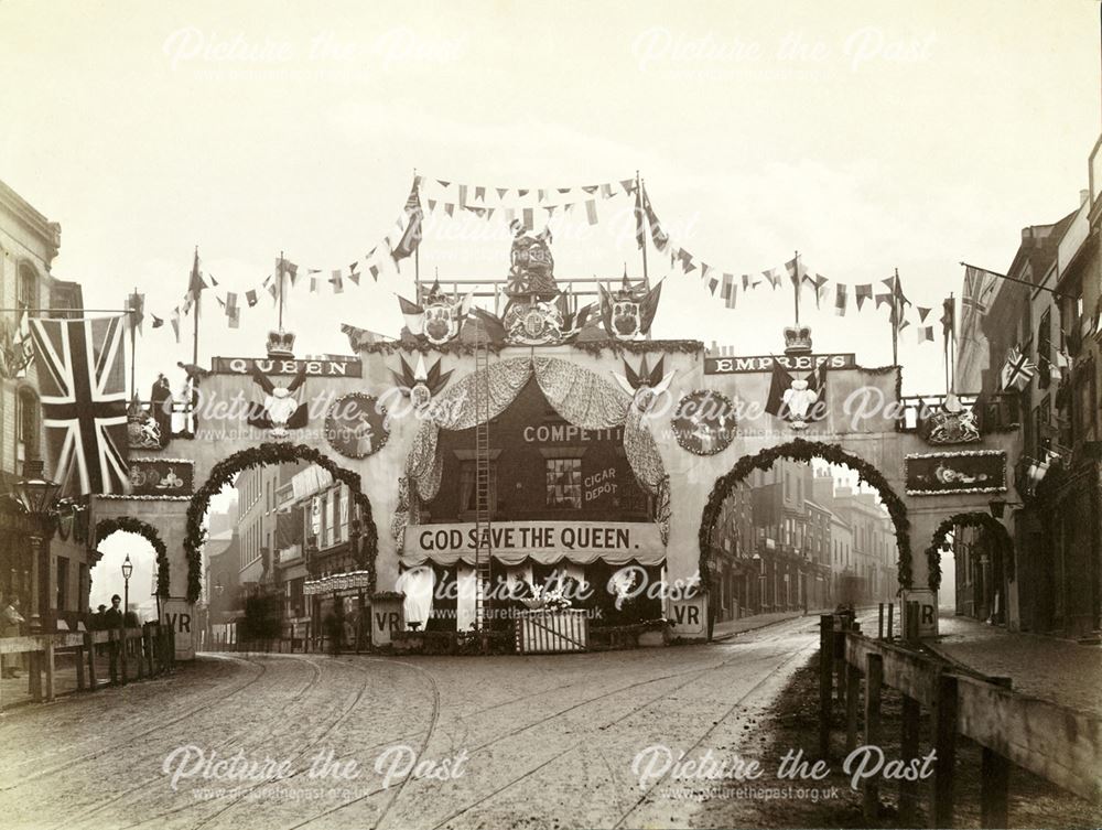 Celebrations for Queen Victoria's Visit, Processional Arch looking towards London Road and Osmaston 
