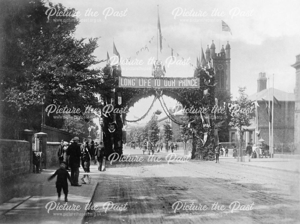 Street decorated for the royal visit of Edward and Alexandra to the Royal Agricultural Show, Derby