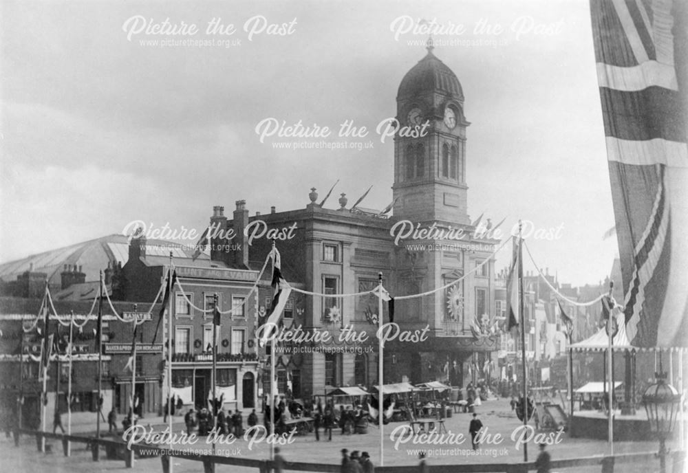 Market Place and Guildhall decorated for the royal visit of Prince Edward and Princess Alexandra to 