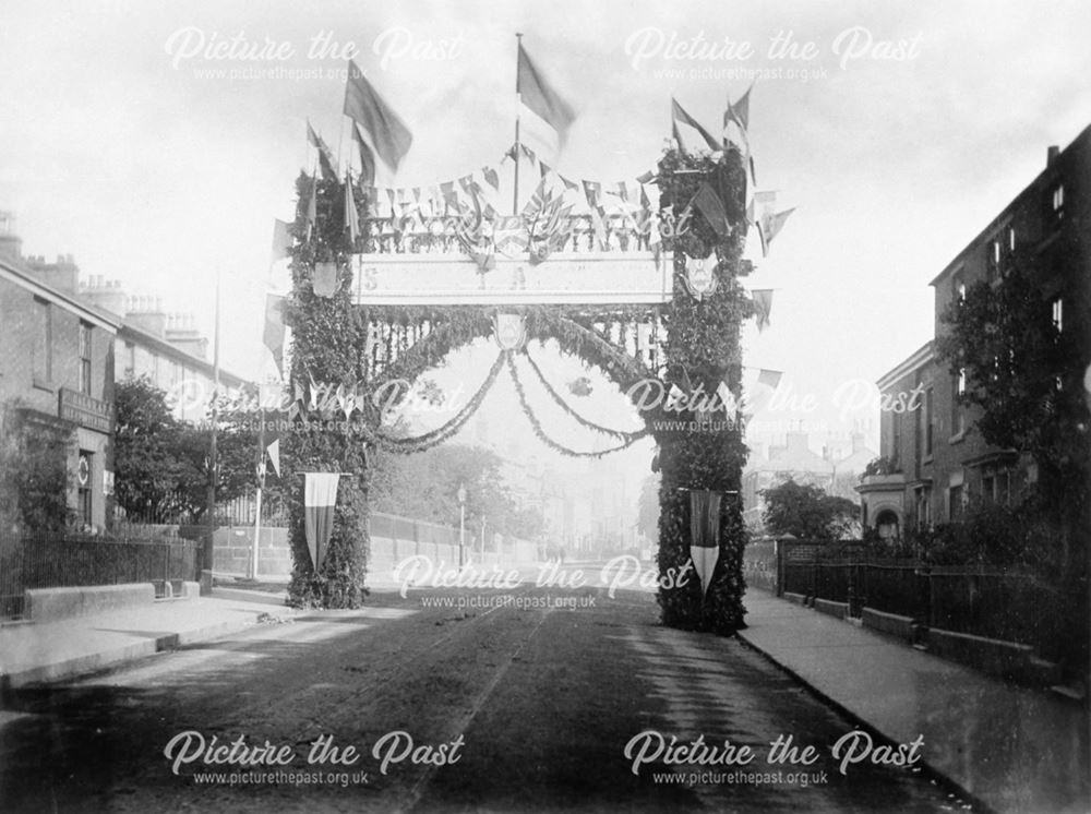 Street decorated for the royal visit of Edward and Alexandra to the Royal Agricultural Show, Derby
