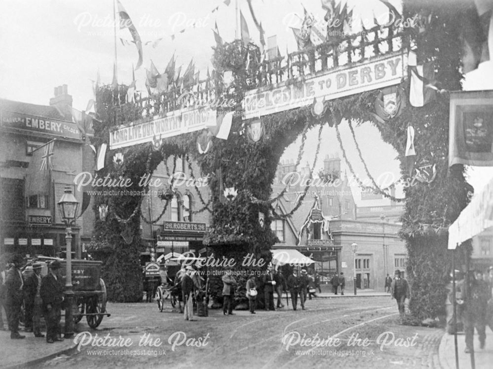 The Spot and St Peter's Street decorated for the royal visit of Prince Edward and Princess Alexandra