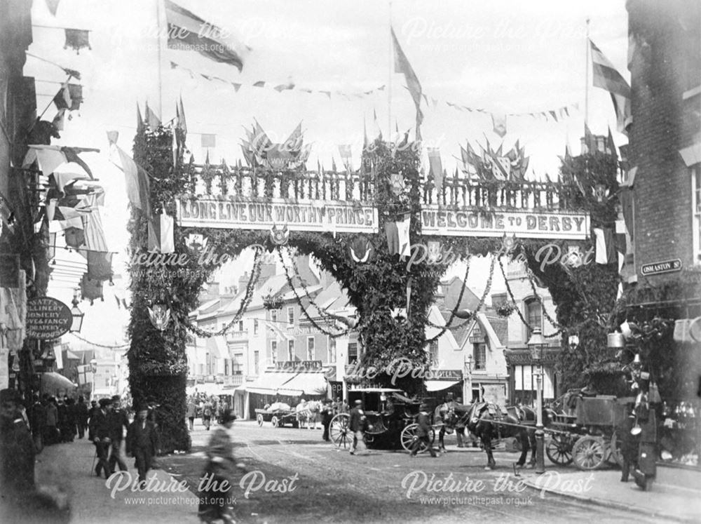 The Spot and St Peter's Street decorated for the royal visit of Prince Edward and Princess Alexandra