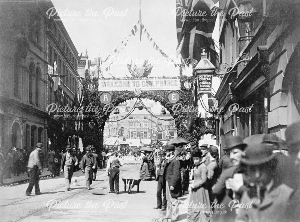 The Cornmarket decorated for the royal visit of Prince Edward and Princess Alexandra to the Royal Ag