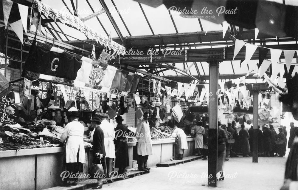 Market Hall interior decorated for the Coronation of George VI.