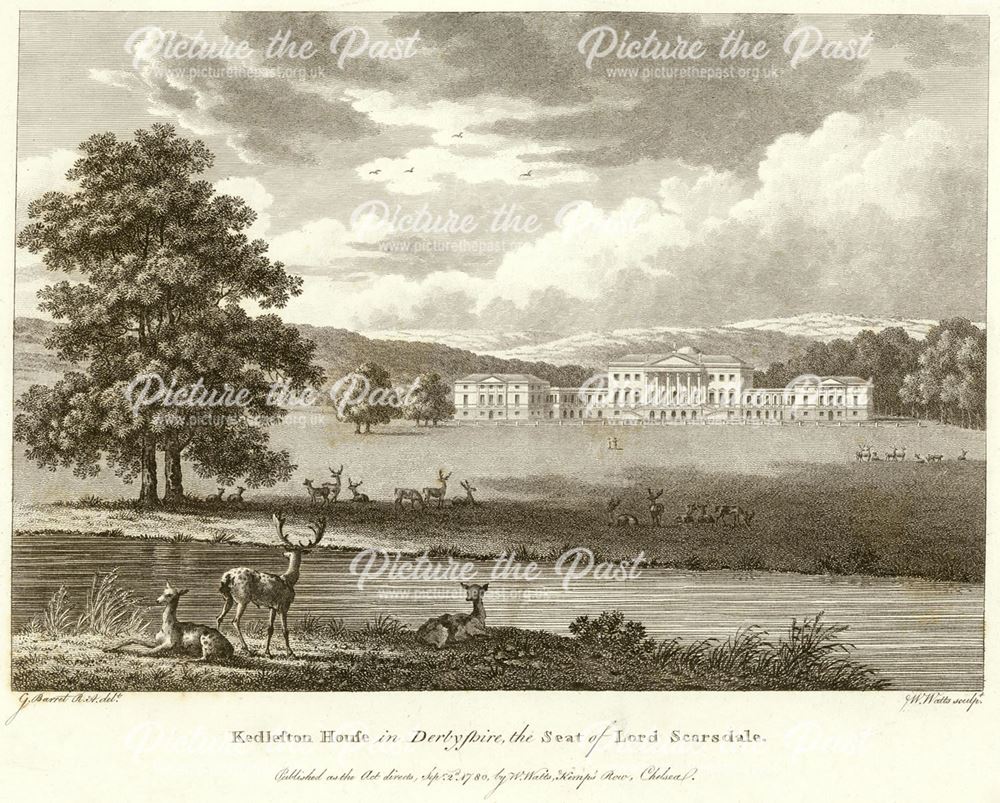 Kedleston Hall - North-east view showing hall, lake and park with deer