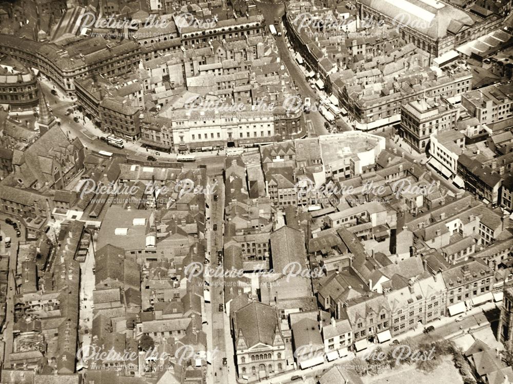 Aerial view looking from Green Lane towards the Cornmarket and Victoria Street