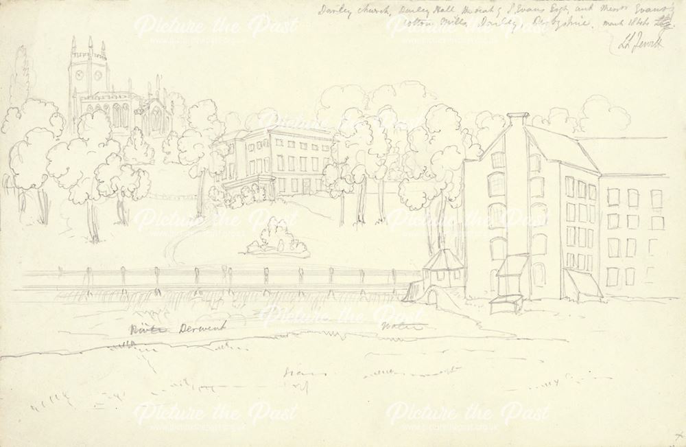 Pencil sketch of Darley Abbey Church, Hall and Mills from the River Derwent