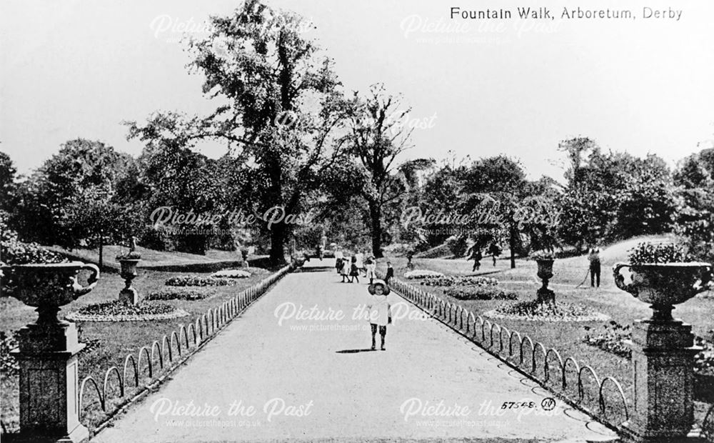 Fountain walk leading to Handyside's fountain, Derby Arboretum