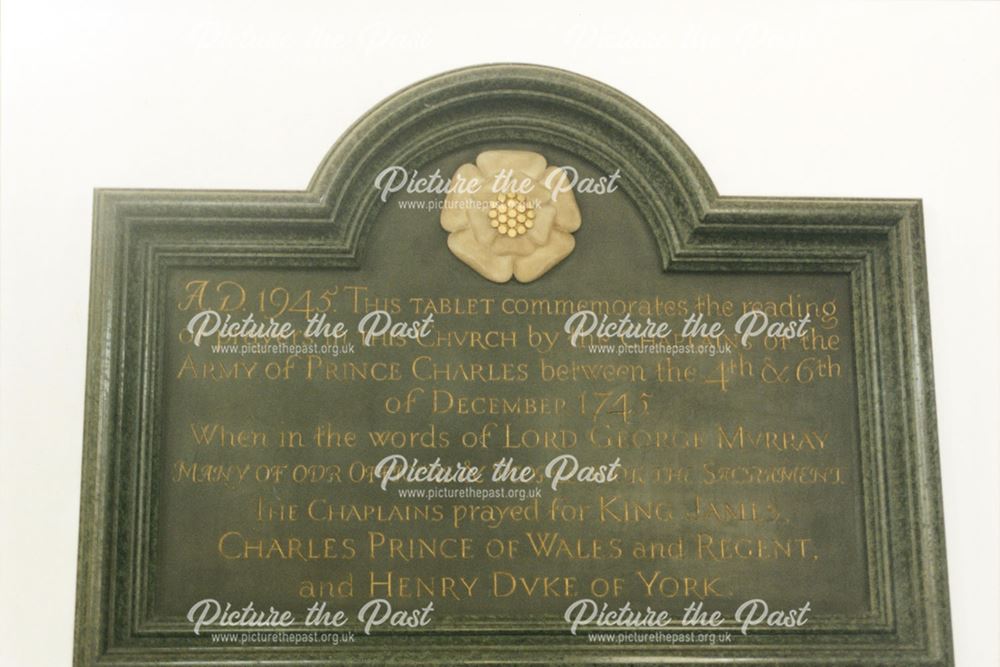 Derby Cathedral, All Saints, interior - Plaque commemorating the prayer services for 'Bonnie Prince 