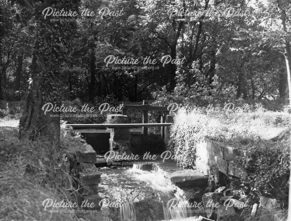 Millrace sluices on Markeaton Brook during construction of Markeaton Lake