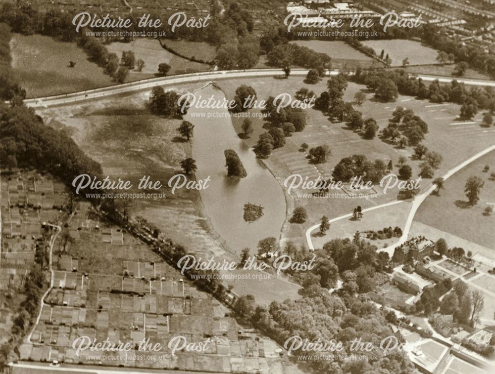 Aerial view of the newly constructed lake next to Markeaton Hall