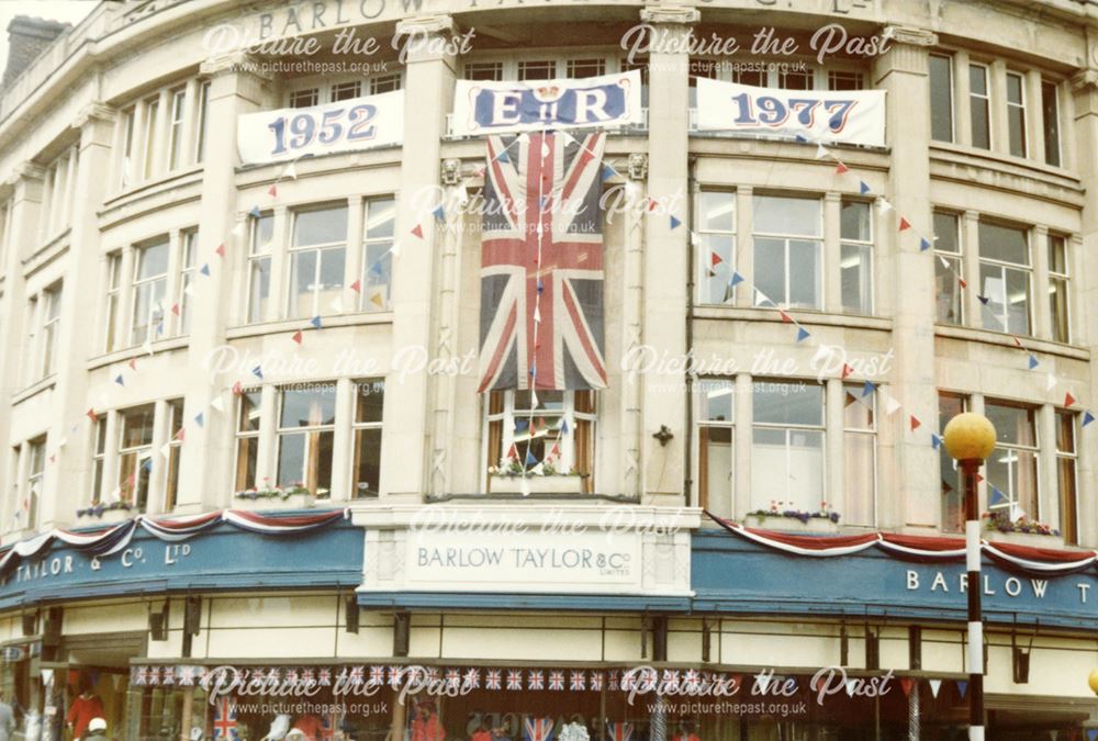 Barlow Taylor's store decorated for Queen Elizabeth II's visit to Derby during her Silver Jubilee