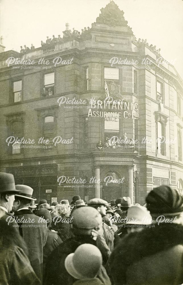 Crowds outside Britannic Assurance offices during the Royal Visit of Edward, Prince of Wales, to Der