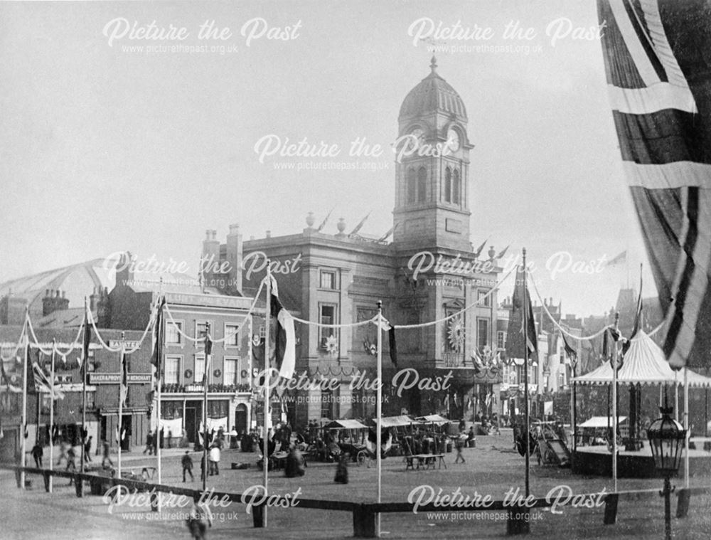 Market Place and Guildhall decorated for the royal visit of The Prince of Wales Prince Edward and Pr