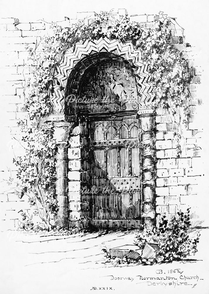 Crenellated Norman arched doorway at All Saints' Church, Kedleston Hall, 1862