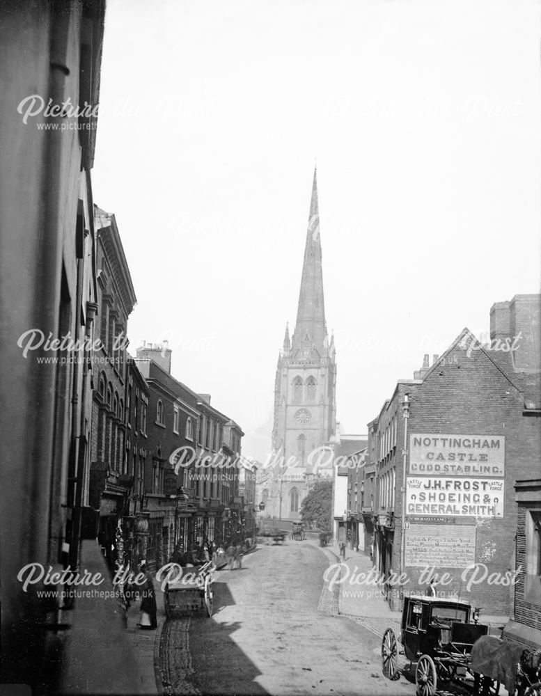 View towards St Alkmund's Church, Queen Street, Derby, 1882