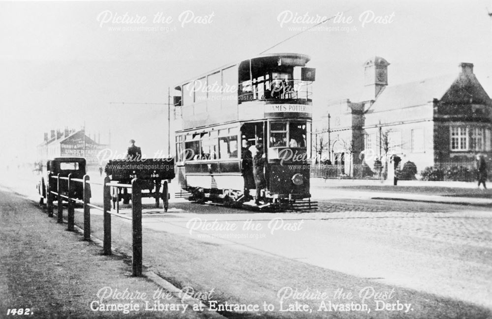 Tram and 'Carnegie Library at entrance to Lake' , Alvaston