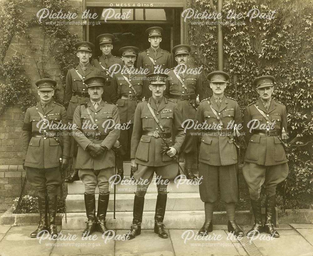 Group of Officers outside the Officer's Mess, Normanton Barracks (during or around World War 1?) mos