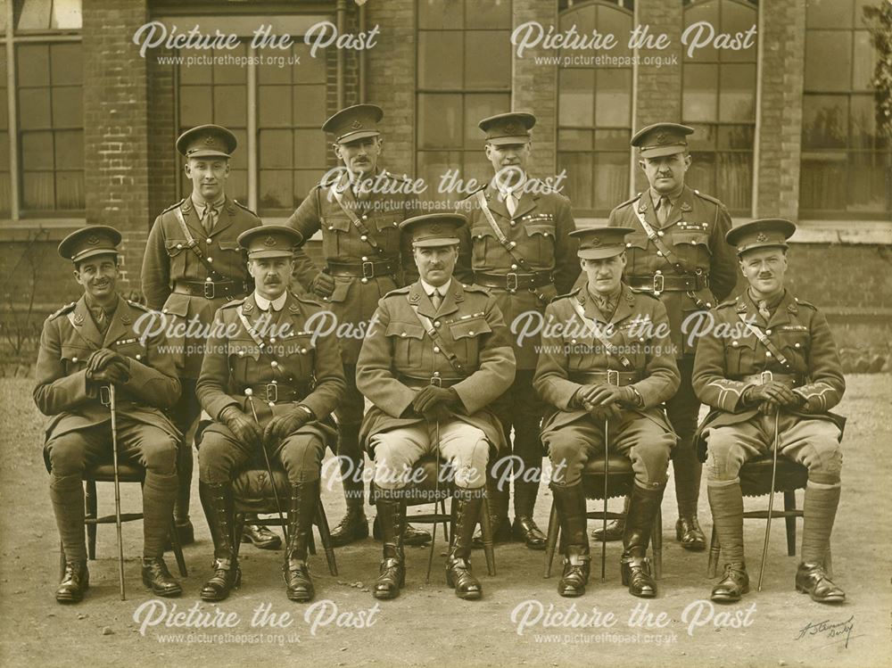 Group of Officers, Normanton Barracks (during or after World War 1?) wearing Sherwood Foresters cap 